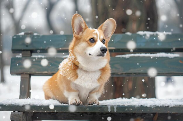 Photo visual presenting puppy corgi sitting on bench in winter setting