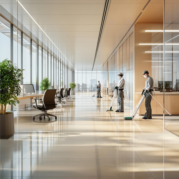 A visual of a professional cleaning crew performing routine cleaning tasks in an office environment