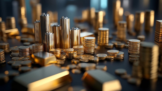 Photo a visual representation of a cityscape constructed entirely from gold bars and coins