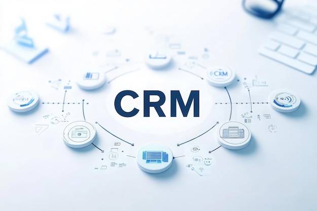 A visual representation of customer relationship management concepts featuring digital network icons