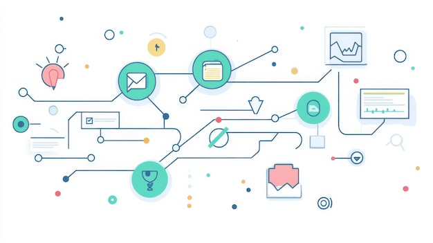 Visual representation of digital communication pathways with icons signifying data exchange and interaction elements