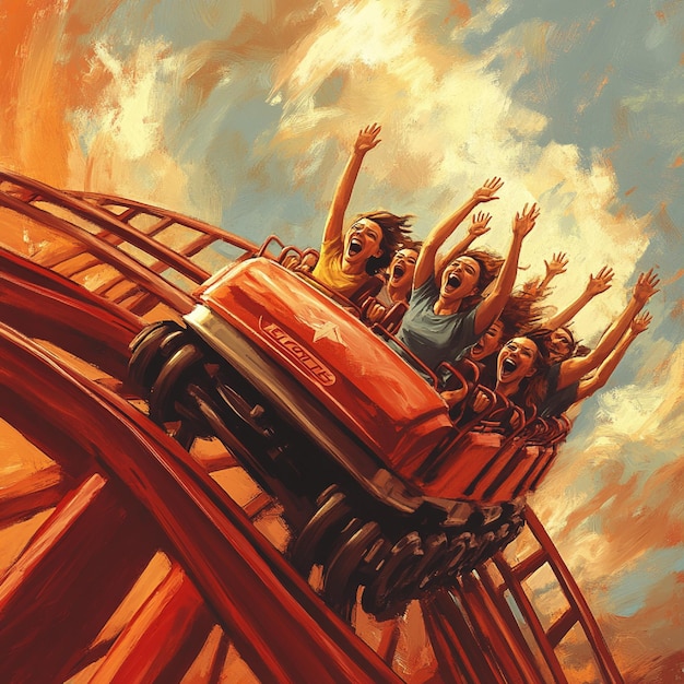 Visual of a roller coaster in motion with excited riders