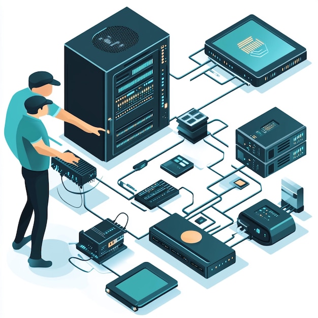 Photo a visual of a security professional setting up a network security system with hardware and software