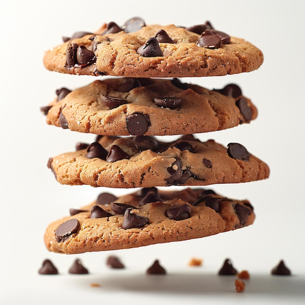 Visual showcasing a vertical stack of chocolate chip cookies appearing to levitate in midair against