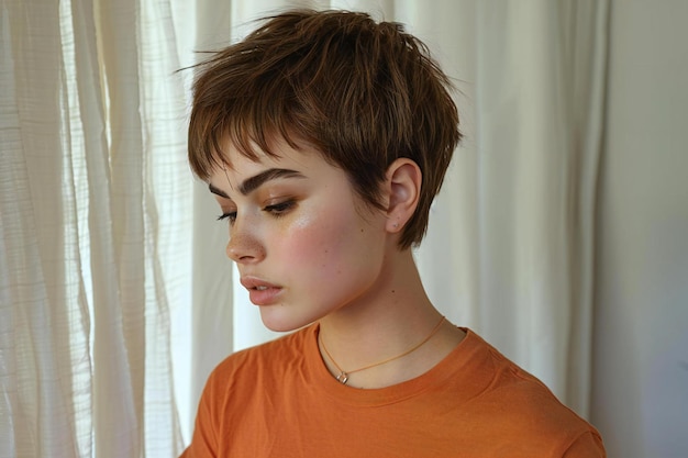 Visual Showing Short haired woman standing in front of white curtain looking down and to the side