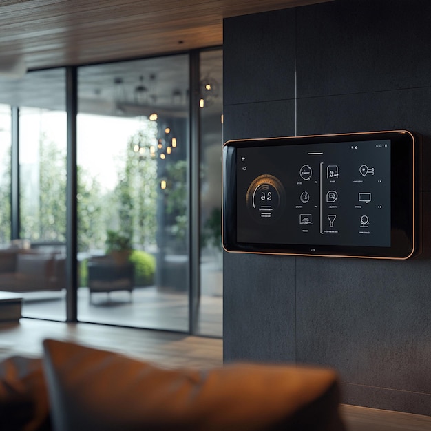 A visual of a smart home system with automated lighting temperature control and security features