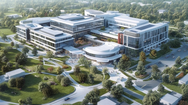 Photo visual of a sprawling hospital with modern medical facilities expansive green spaces and patientfriendly design