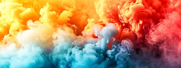 Visual of swirling clouds of smoke in a gradient of colors ranging from warm reds to cool purples