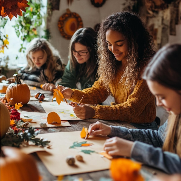 Photo a visual of a thanksgiving craft workshop or class with participants creating festive decorations a