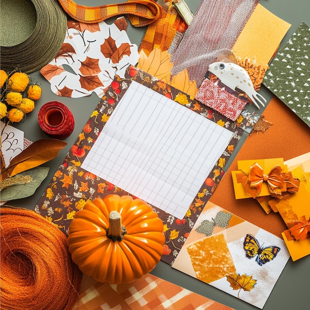 Photo a visual of thanksgivingthemed crafting materials including patterned paper stickers and ribbon