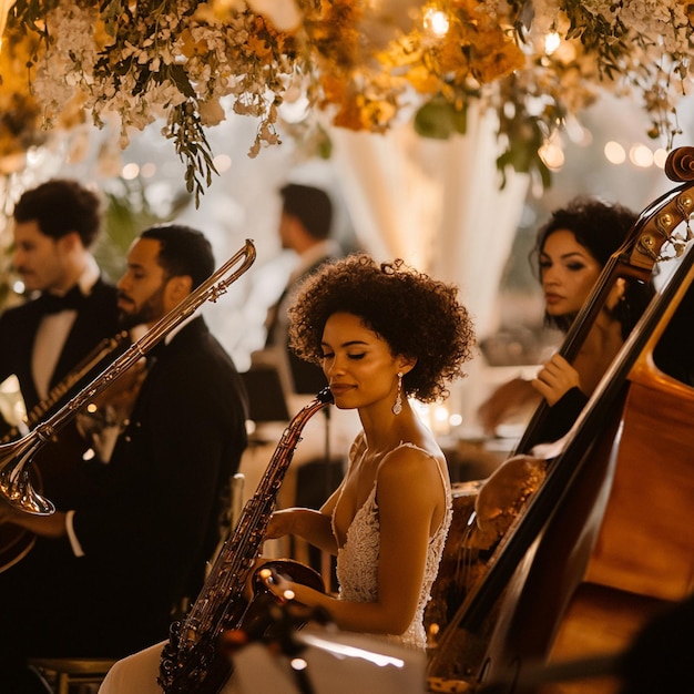 Photo visual of a themed wedding with entertainment options matching the events theme such as a jazz band