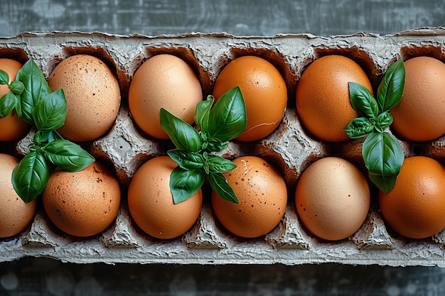 Photo visual top view of an egg carton with eggs minimalistic background