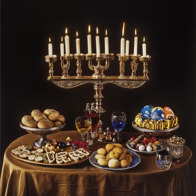 Photo a visual of a traditional hanukkah centerpiece featuring symbolic items like menorahs and gelt