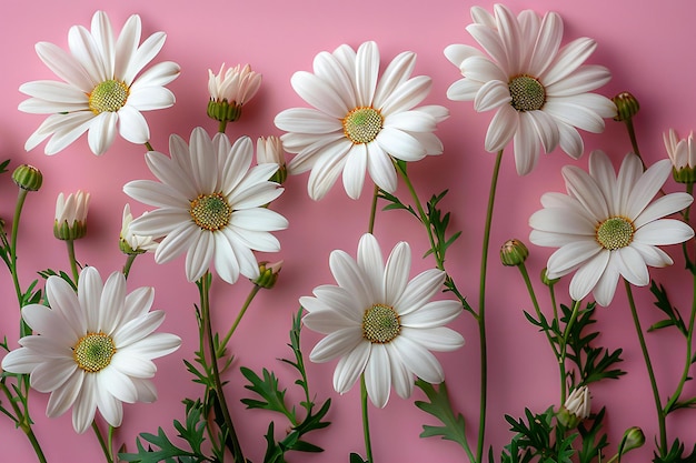 Visual white small daisies on pink background flat composition simple style large white space in