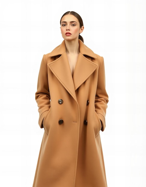 Photo visual woman in chic coat sandcoated fabric sleek earthy finish