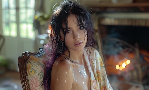 Visual Woman with black and purple hair in a bathrobe sitting in an armchair by fireplace