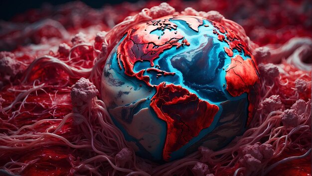 visualization of Planet Earth shrouded in a web of intricate blood vessels