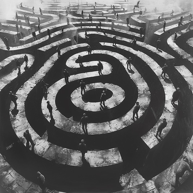 Photo visualize the abstract concept of social hierarchy as a vast intricate labyrinth where individuals navigate the complex paths of status and power this labyrinth is multilayered with some pathways