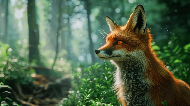 Visualize a curious fox exploring a forest glade Picture its bright eyes and bushy tail as it cautiously investigates its surroundings embodying cunning and adaptability in the wilderness