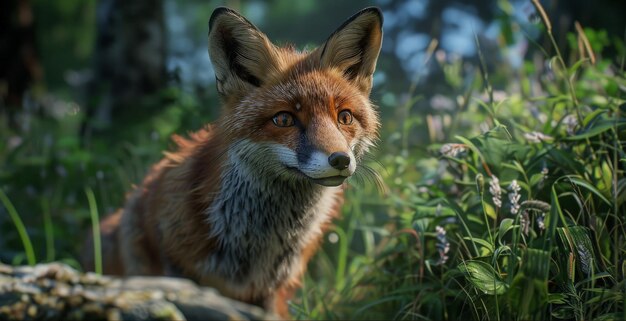 Visualize a curious fox exploring a forest glade Picture its bright eyes and bushy tail as it cautiously investigates its surroundings embodying cunning and adaptability in the wilderness