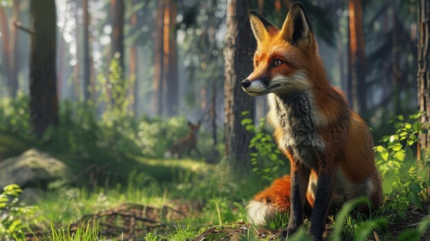 Visualize a curious fox exploring a forest glade Picture its bright eyes and bushy tail as it cautiously investigates its surroundings embodying cunning and adaptability in the wilderness