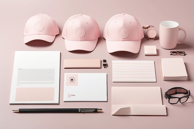 Photo visualize a hyperrealistic mockup of a corporate identity design template a light pink and light tan color palette with quadrille texture