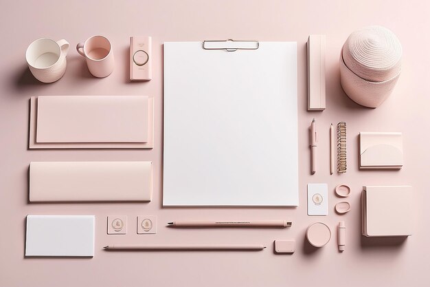 Photo visualize a hyperrealistic mockup of a corporate identity design template a light pink and light tan color palette with quadrille texture