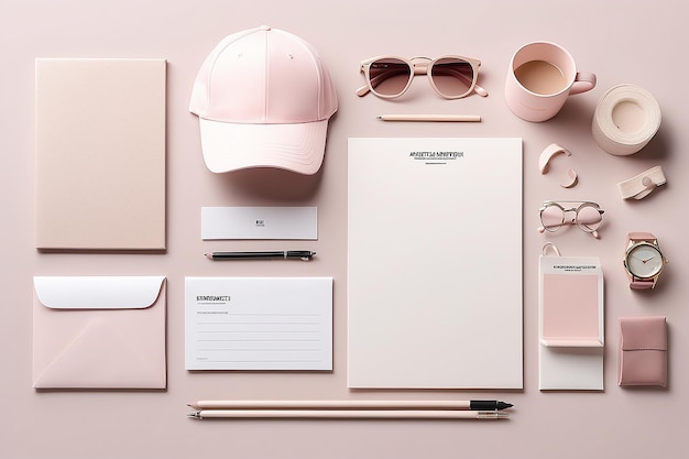 Visualize a hyperrealistic mockup of a corporate identity design template A light pink and light tan