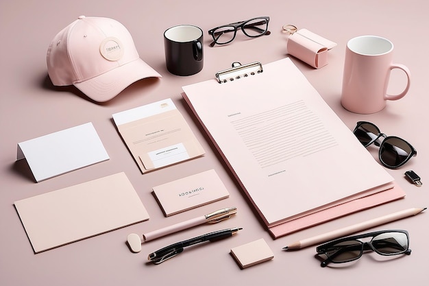 Visualize a hyperrealistic mockup of a corporate identity design template A light pink and light tan