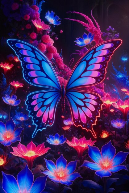 Visualize a majestic butterfly with wings made of iridescent neon hues seamlessly blending