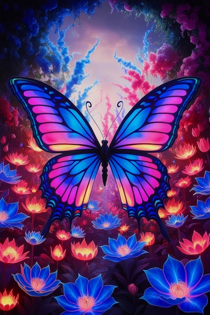 Visualize a majestic butterfly with wings made of iridescent neon hues seamlessly blending