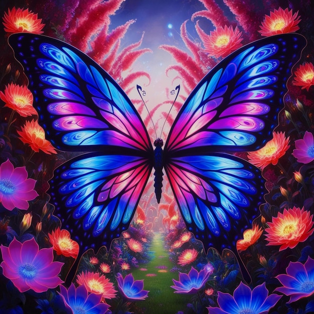 Visualize a majestic butterfly with wings made of iridescent neon hues seamlessly blending