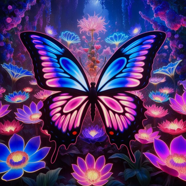 Visualize a majestic butterfly with wings made of iridescent neon hues seamlessly blending