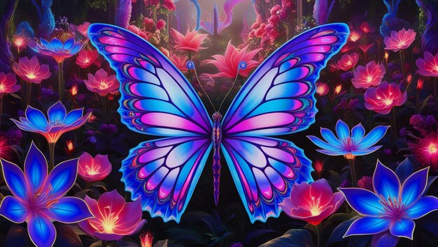 Visualize a majestic butterfly with wings made of iridescent neon hues seamlessly blending