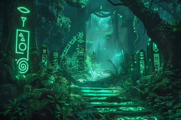 Photo visualize a mystical forest illuminated by neonlit generative ai