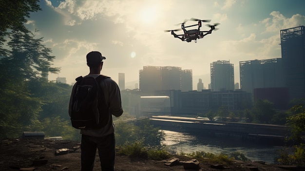 Visualize a peaceful drone pilot poised and focused navigating the urban landscape