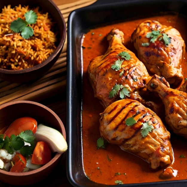 Visualize a steaming plate of Masala Chicken Tikka generated by AI