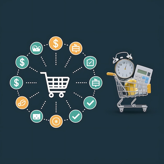 Photo visualizing ecommerce a shopping cart icon connected to financial and time management symbols