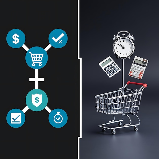 Photo visualizing ecommerce a shopping cart icon connected to financial and time management symbols