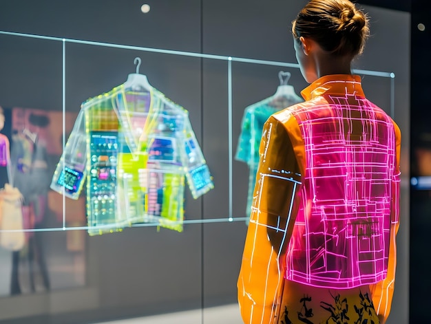 Photo visualizing sustainable fashion choices through a futuristic wearable technology interface