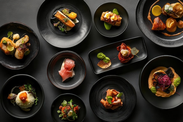 Photo a visually appealing assortment of gourmet dishes arranged on elegant black plates