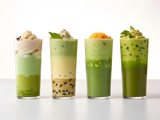 A visually appealing collection of iced specialty matcha beverages Generative AI