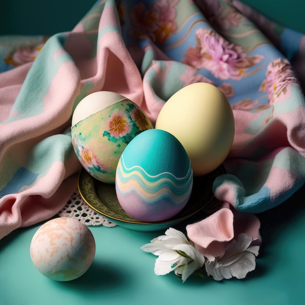 A visually appealing composition featuring artistic Easter eggs in vivid colors against a soft pastel fabric background