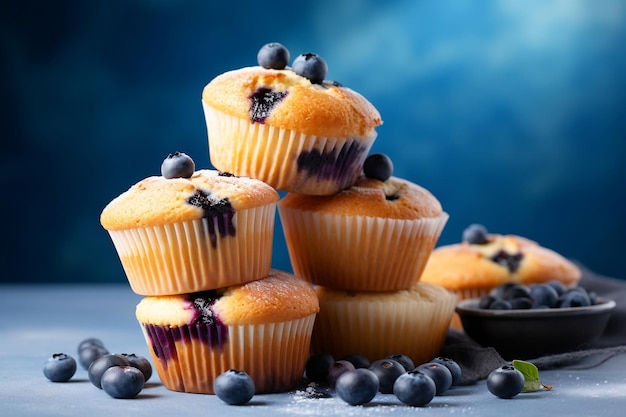 A visually appealing illustration featuring blueberry muffins on a blue background Generative Ai