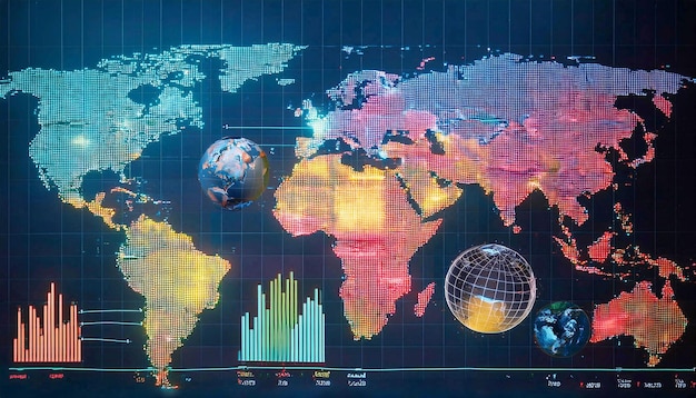 Photo a visually compelling infographic showing a world map with highlighted regions indicating market siz