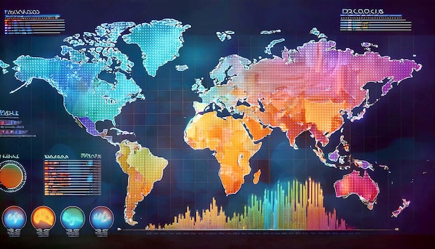 Photo a visually compelling infographic showing a world map with highlighted regions indicating market siz