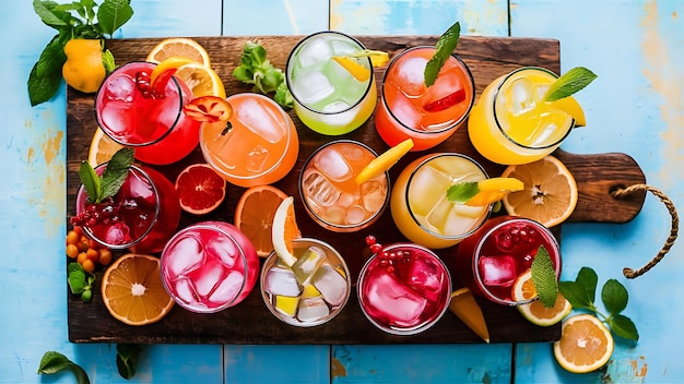 A visually delightful arrangement of fresh fruit iced drinks displayed on a rustic wooden table