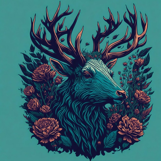 a visually enchanting tshirt graphic featuring a detailed illustration of a vintage deer head