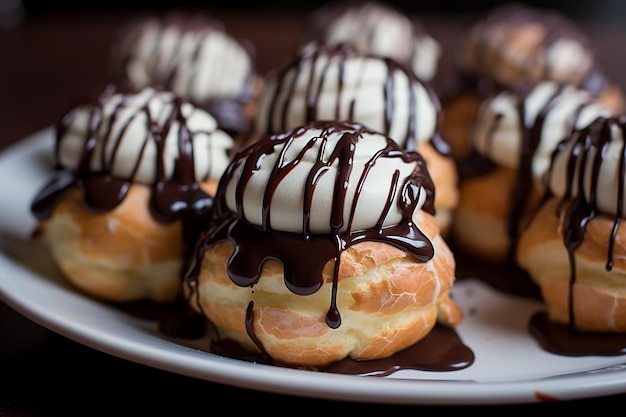 A visually enticing illustration featuring cream puffs drizzled with chocolate ganache Generative Ai