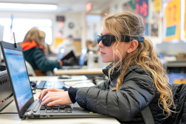 a visually impaired student using a braille display device alongside a standard laptop